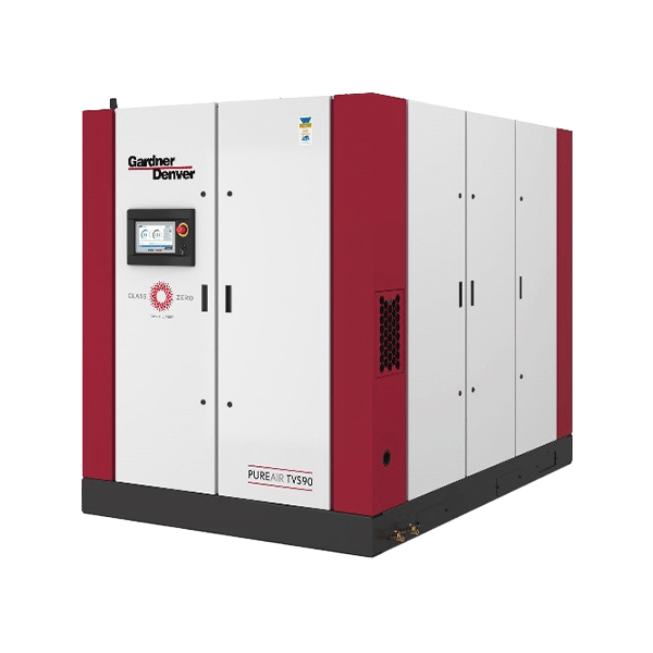 Large industrial Gardener Denver PureAir TVS90 air compressor with red and white exterior, control panel, touch screen, and access doors on plain white background.