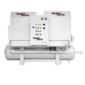 Large industrial air compressor unit with white casing labeled Gardner Denver, control panel, mounted on cylindrical tank, plain background.