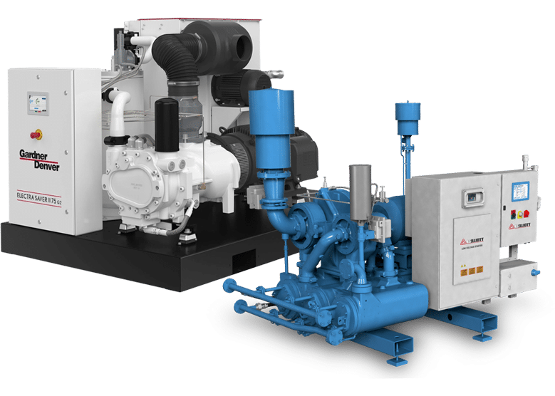Two industrial machines side by side—one white and black with Gardner Denver branding, another blue with pipes and a control panel.