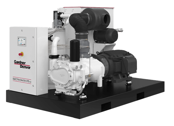 Industrial vacuum pump system on a black platform with labeled control panel, motors, pipes, Gardner Denver and Electra Saver II G2 logos.