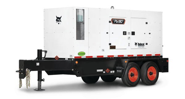 White Bobcat portable generator on black dual-axle trailer with four red wheels, tow hitch, and side ventilation grills.