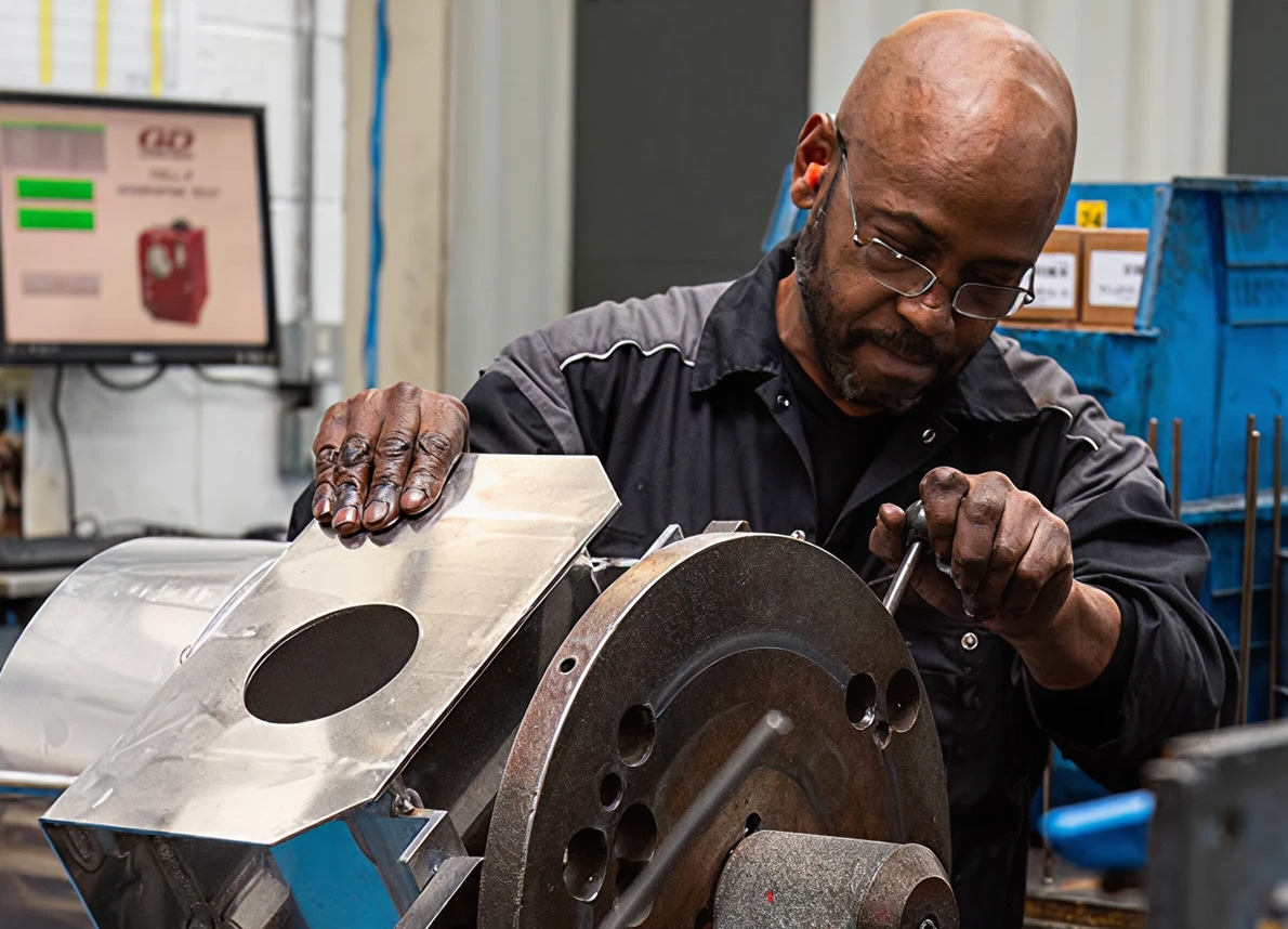Man in glasses and dark jumpsuit adjusts metal machinery in an industrial workshop; computer monitor and blue bins in background.