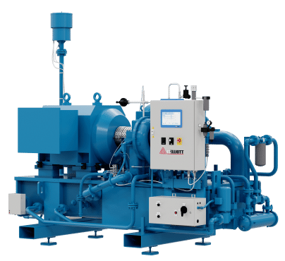 Large blue industrial compressor machine featuring pipes, control panel, gauges, and valves on a metal frame against white background.