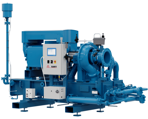 Large blue industrial centrifugal pump with control panel, piping, and motor on a metal frame for heavy-duty fluid transfer.