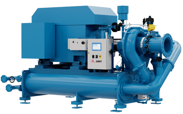A large industrial blue centrifugal compressor with metal pipes, control panel, and valves sits on a platform for heavy-duty use.